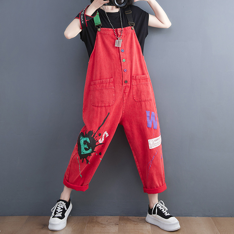 #MoteruStyle! Thin Loose Plus Size Printed Denim Salopette Overalls Urban Leisure Style Jumpsuit Strap Pants One Piece Suspender Pants - 画像 (2)