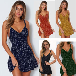 #MoteruStyle! Polka-dot Strappy Dress Women Summer Fashion Beach Sundress Princess Dress Deep V Neck
