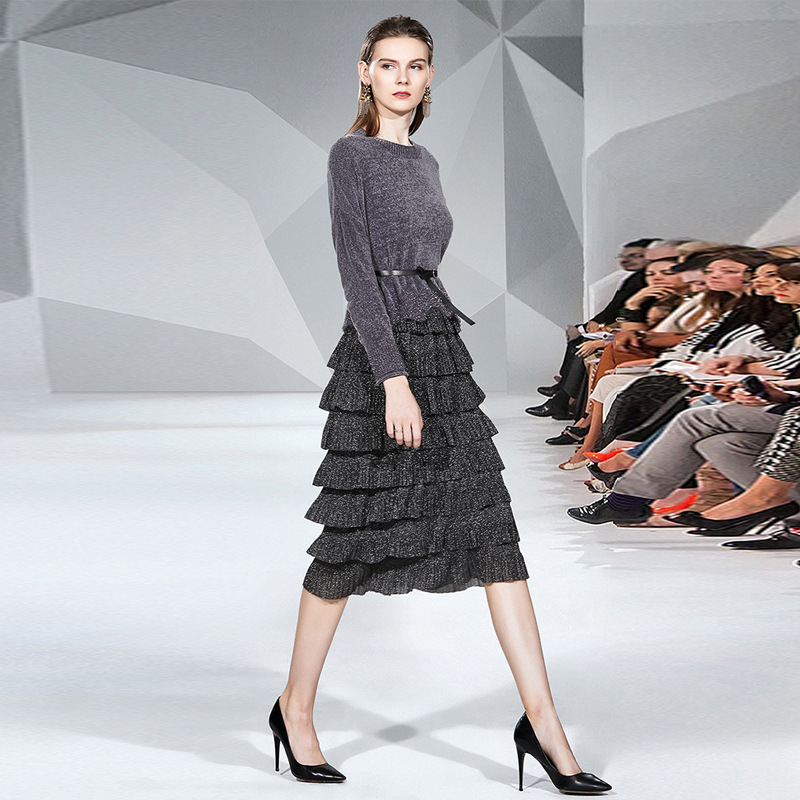 #MoteruStyle! Round neck long sleeve plush top blouse skirt suit two piece set Bright Silk High Waist Mesh Cake Skirt Mid-Length Pleated Skirt A- Line Skirt Slimming Versatile - 画像 (4)