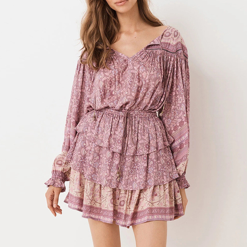 #MoteruStyle! Independent Station Retro Bohemian Print Tassel Lace-up Long Sleeve Top Dahlia in Mulberry Blouse cake skirt loose vintage style - 画像 (3)