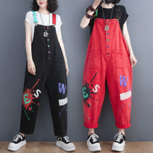#MoteruStyle! Thin Loose Plus Size Printed Denim Salopette Overalls Urban Leisure Style Jumpsuit Strap Pants One Piece Suspender Pants