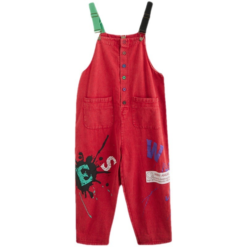 #MoteruStyle! Thin Loose Plus Size Printed Denim Salopette Overalls Urban Leisure Style Jumpsuit Strap Pants One Piece Suspender Pants - 画像 (5)