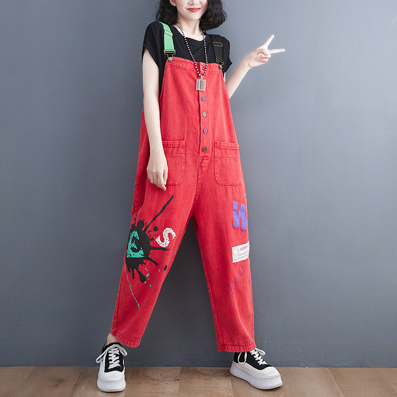 #MoteruStyle! Thin Loose Plus Size Printed Denim Salopette Overalls Urban Leisure Style Jumpsuit Strap Pants One Piece Suspender Pants - 画像 (4)