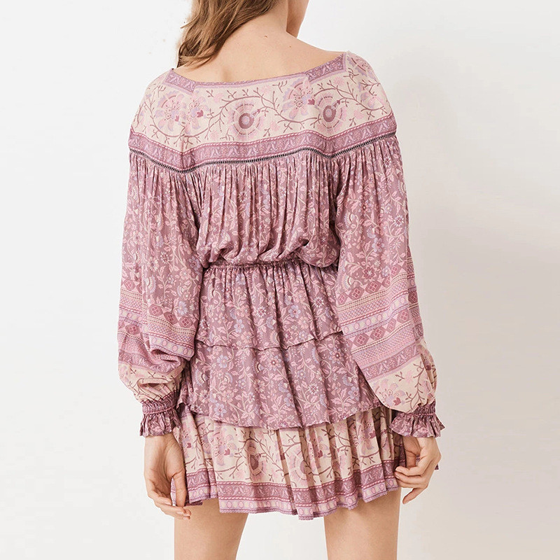 #MoteruStyle! Independent Station Retro Bohemian Print Tassel Lace-up Long Sleeve Top Dahlia in Mulberry Blouse cake skirt loose vintage style - 画像 (4)