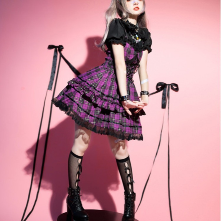 #MoteruStyle! Plaid Lolita Sweet Dark Rock Dress Cake Dress Gown Dress Checkered Lace Frills