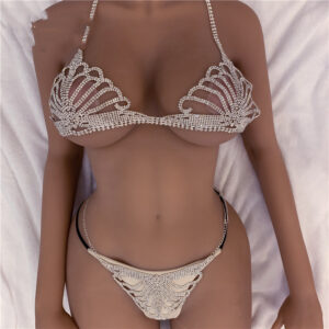 #MoteruStyle! Rhinestone Claw Chain Body Chain Set Sexy Bra Panty Set See Through Lingerie Show