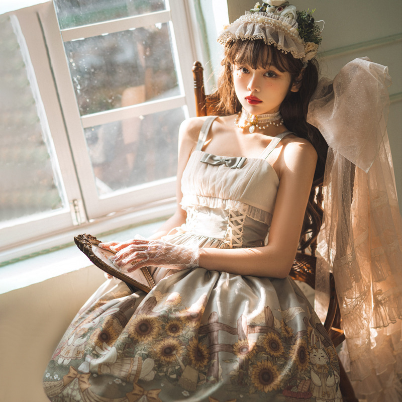 #MoteruStyle! Vintage Victorian Sunflowers Kawaii JSK Retro CLA Cover up Suspender Skirt Coat Harujuku Gothic Lolita Bunny Camisole Dress Two-piece Set - 画像 (8)