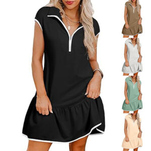 #MoteruStyle! Women's Short Sleeve Polo Collar Zipper Waist Dress