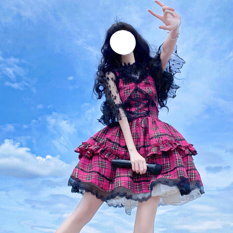 #MoteruStyle! Plaid Lolita Sweet Dark Rock Dress Cake Dress Gown Dress Checkered Lace Frills - 画像 (9)