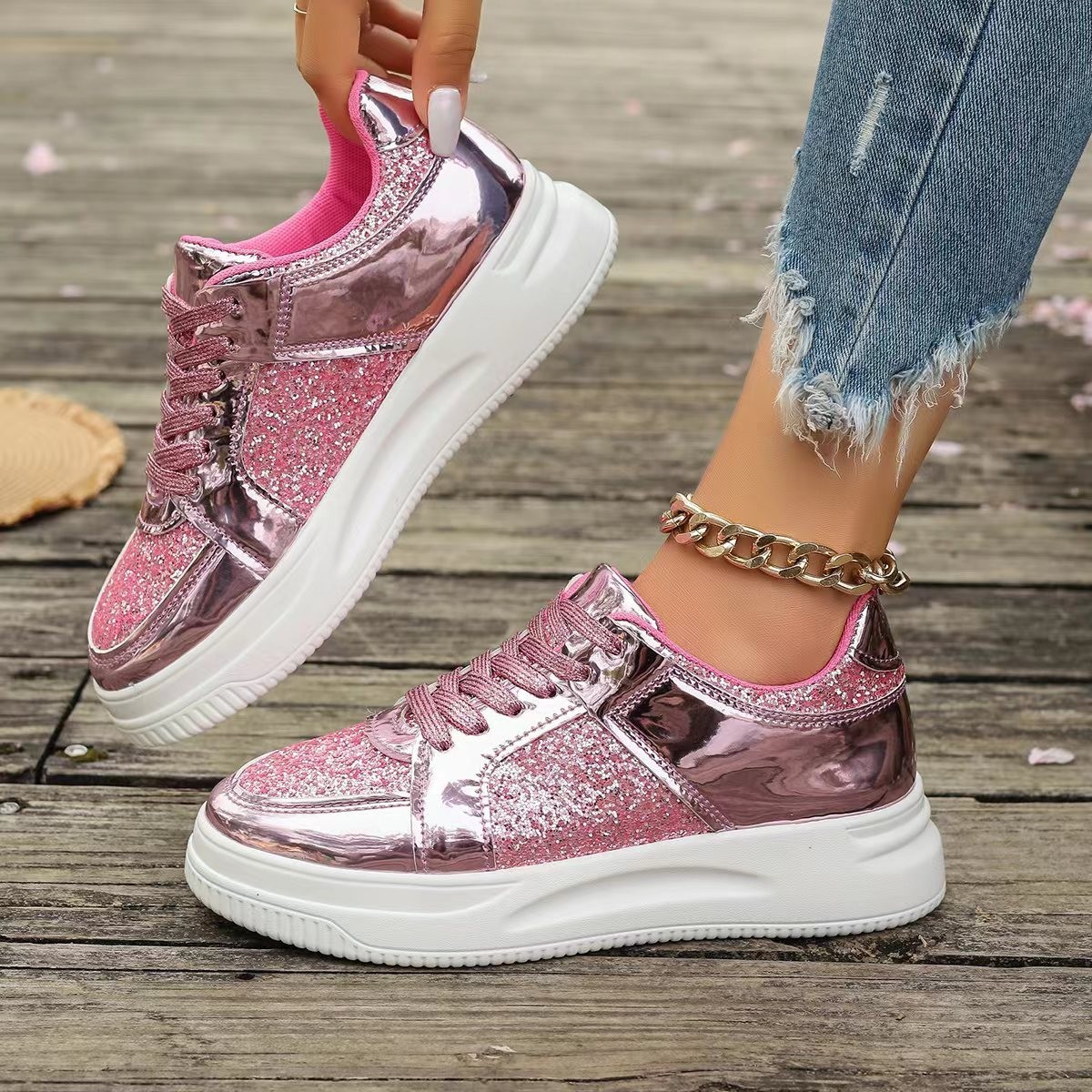 #MoteruStyle! Fashion Lace-up Flat Shoes With Sequin Design Casual Sports Thick Bottom Round Toe Shoes For Women Non-slip Walking Sneakers - 画像 (8)