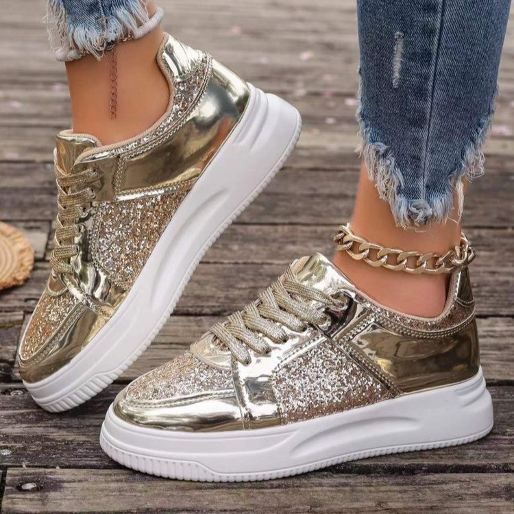#MoteruStyle! Fashion Lace-up Flat Shoes With Sequin Design Casual Sports Thick Bottom Round Toe Shoes For Women Non-slip Walking Sneakers - 画像 (3)