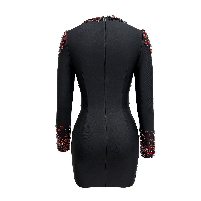 #MoteruStyle! Ruby Beaded Low-cut See-through V Neck Beaded Pearl Jumpsuit Sexy Long Sleeve Diamond Beading Rhinestone Black Bandage Mini Dress - 画像 (5)