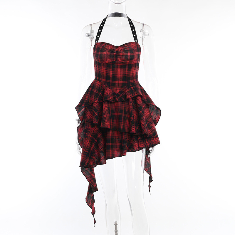 ★ MoteruStyle !Red Plaid Irregular Halter Dress Women - 画像 (4)