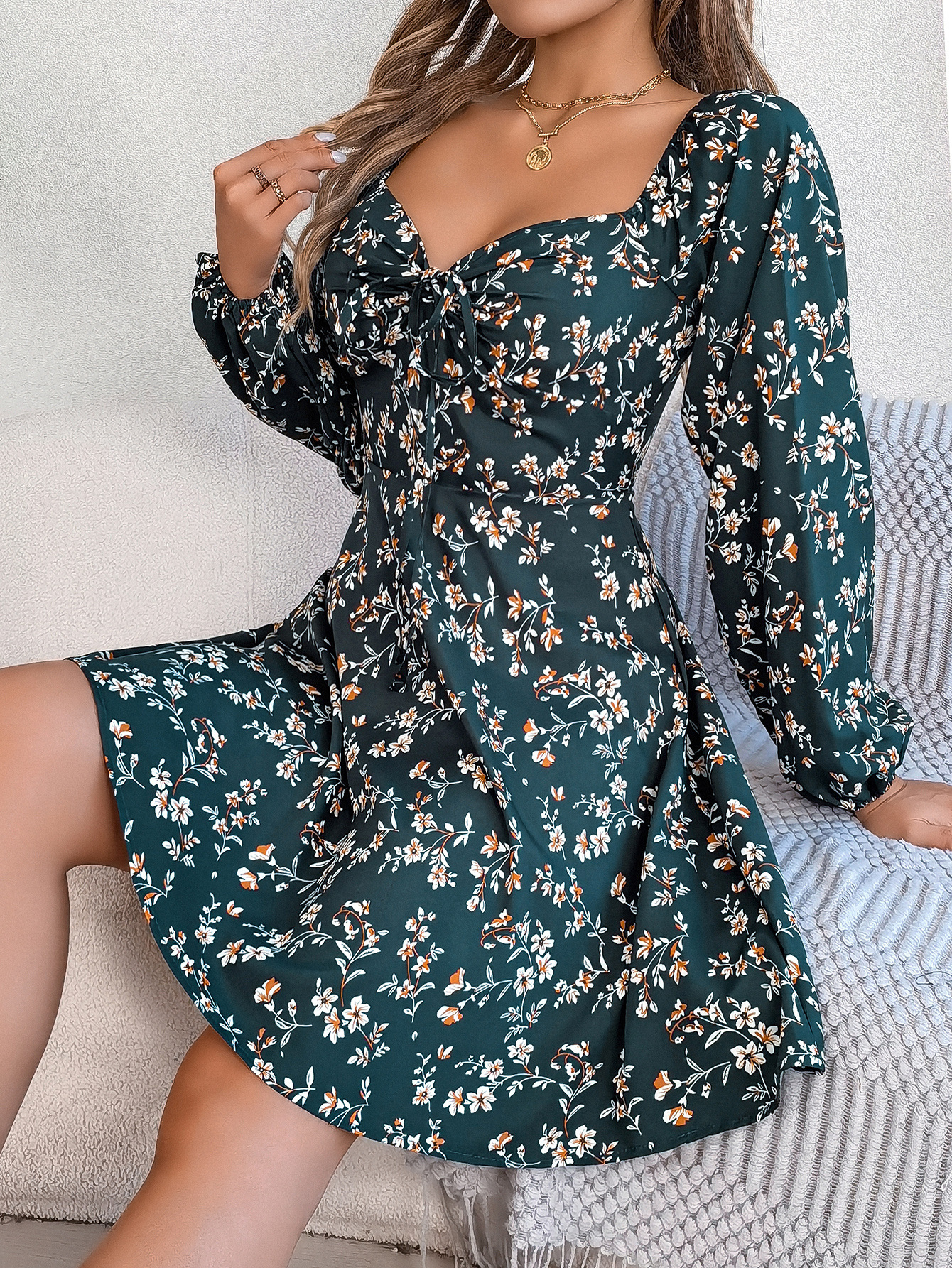 #MoteruStyle! Fashion Floral Print Lantern Sleeve Dress Casual Sexy Tie Square Neck Long Sleeve A-Line Dress Women's Clothing - 画像 (5)