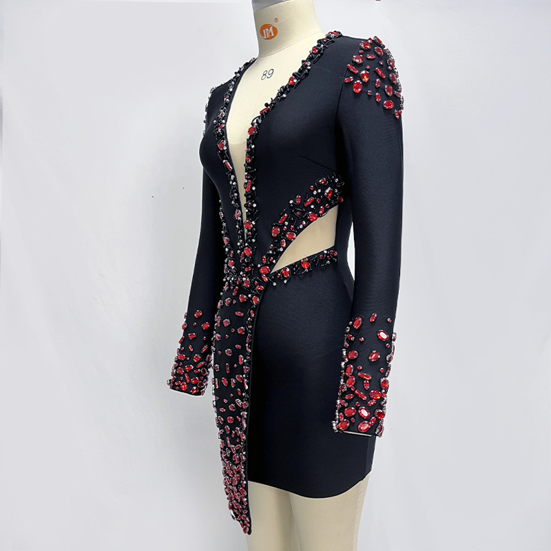 #MoteruStyle! Ruby Beaded Low-cut See-through V Neck Beaded Pearl Jumpsuit Sexy Long Sleeve Diamond Beading Rhinestone Black Bandage Mini Dress - 画像 (2)
