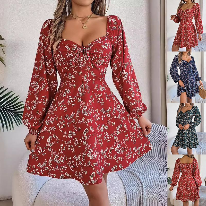 #MoteruStyle! Fashion Floral Print Lantern Sleeve Dress Casual Sexy Tie Square Neck Long Sleeve A-Line Dress Women's Clothing