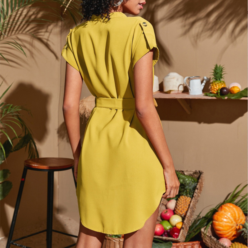 #MoteruStyle! V-neck Roll-Up Short Sleeve Tunic Dress With Belt Ribbon Solid Color Summer Fashion Bowknot Dresses For Women Clothing - 画像 (7)