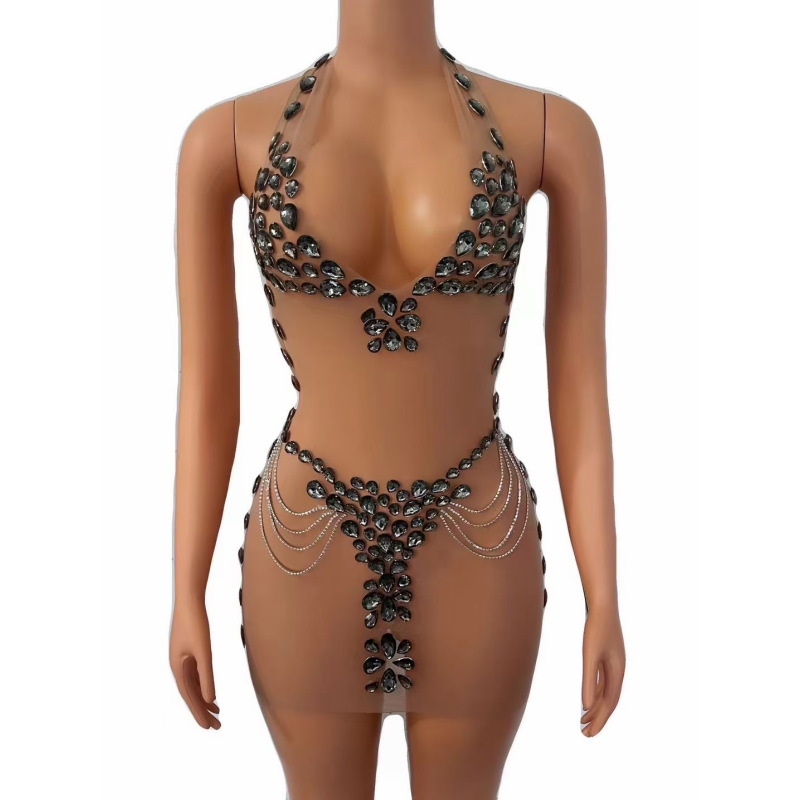 #MoteruStyle! Women's Fashionable See-through Rhinestone Dress Spandex Jumpsuit Sexy Evening Dress Cosplay party dress - 画像 (8)