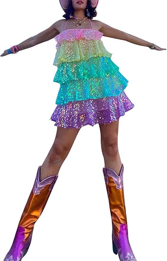 #MoteruStyle! Fashion Beaded Cake Dress Colorful Sequin Tiered Swing Mini Dress Sparkle Shiny Sleeveless Backless Spaghetti Strap Party Club Short Dress Sparkling Pink Sequined - 画像 (5)