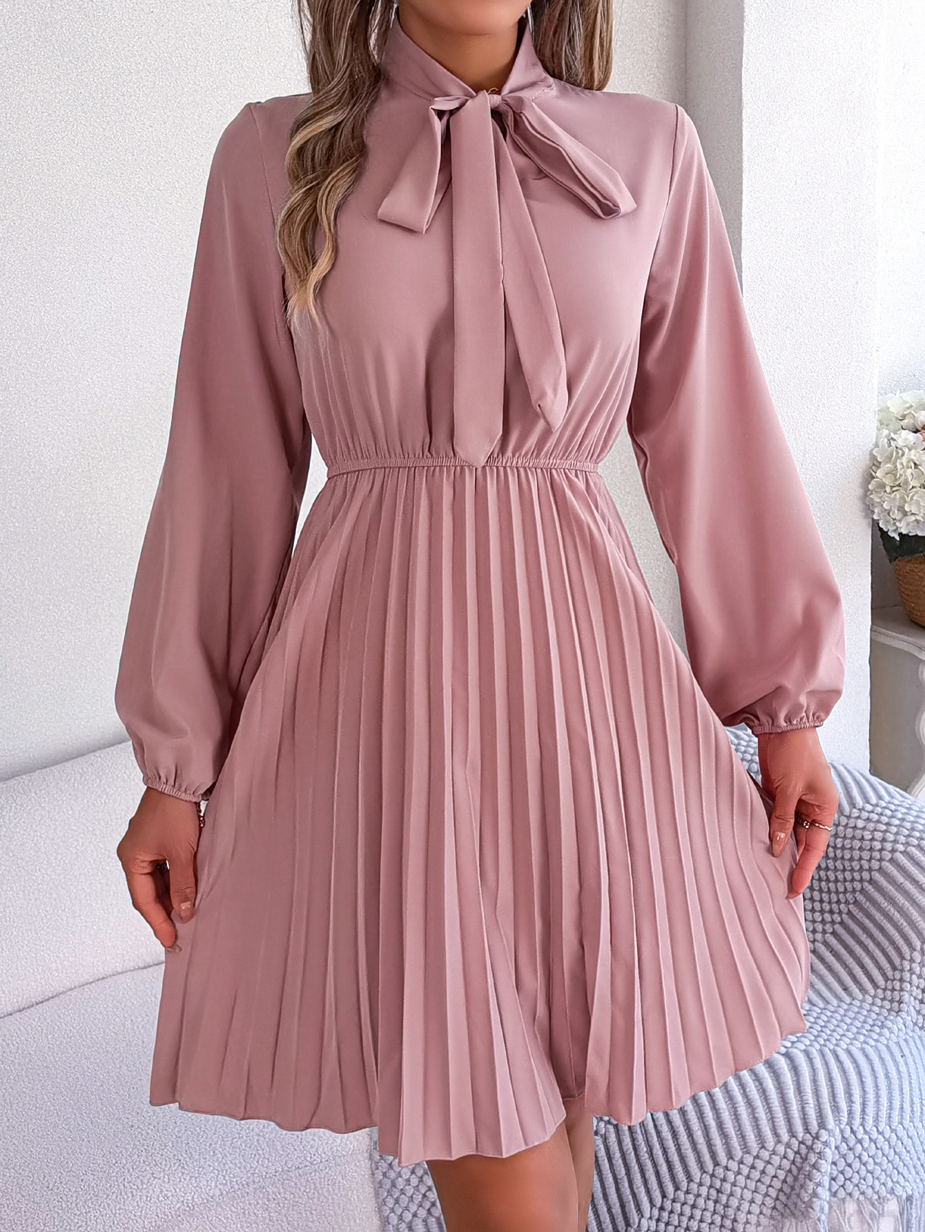 #MoteruStyle! Lady Temperament Lace-up Waist-controlled Large Hem Pleated Skirt High Waist Collared Dress Short Ruffle Sleeve Cocktail Solid Bow Tie Dress, Elegant Ruffle Trim - 画像 (2)