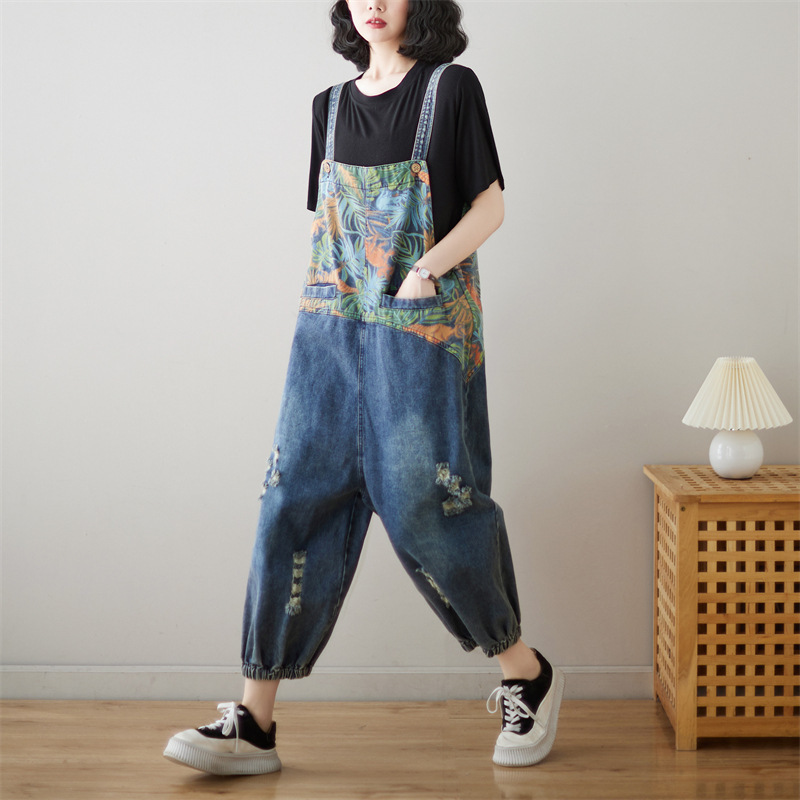 #MoteruStyle! Loose Plus Size Stitching Printing Jeans Suspender Pants Salopette Overalls - 画像 (5)
