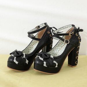 # MoteruStyle! Lolita Shoes Chunky High-Heeled Lace Bow Platform Bowknot Buckle Strap Mary Jane Pumps Shoes