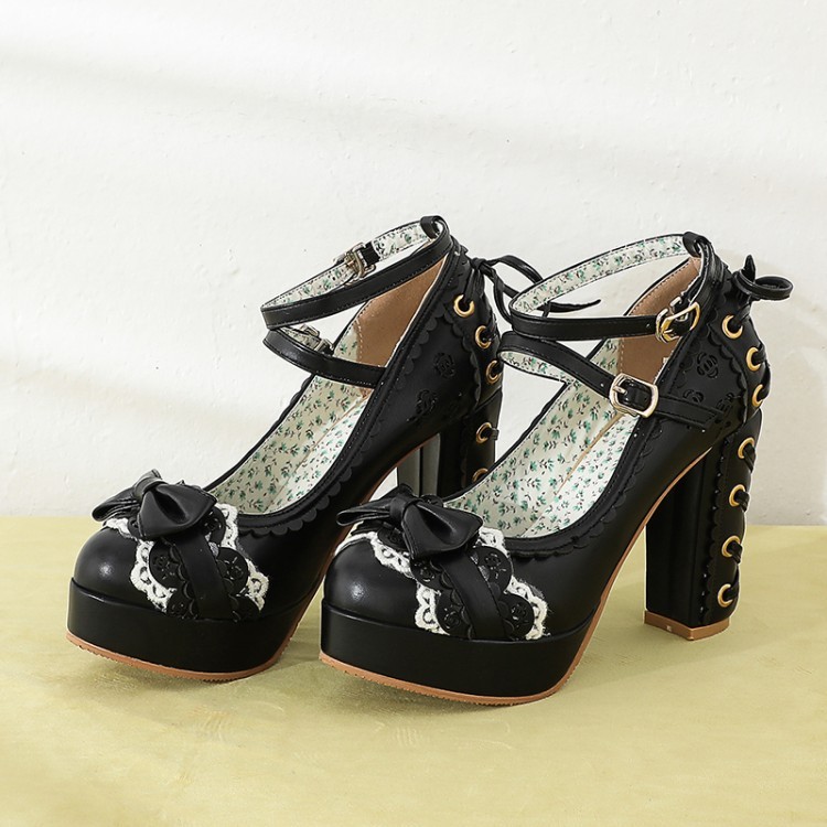 # MoteruStyle! Lolita Shoes Chunky High-Heeled Lace Bow Platform Bowknot Buckle Strap Mary Jane Pumps Shoes
