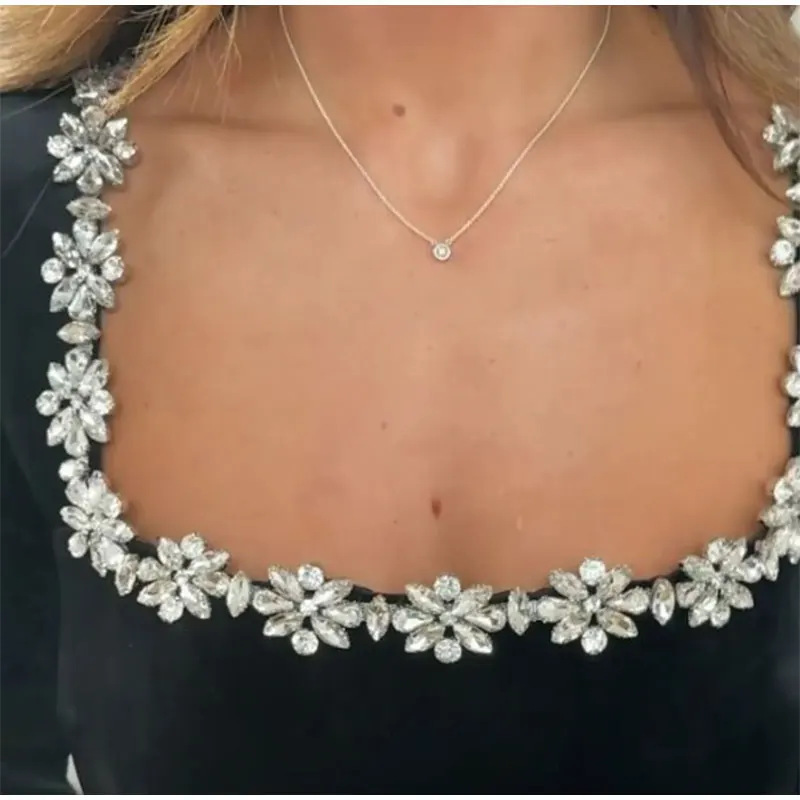 #MoteruStyle! Elegant Square Neck Long-sleeved Dress With Flowers Rhinestone Design Fashion A-line Short Dresses Spring Clothing For Women - 画像 (3)