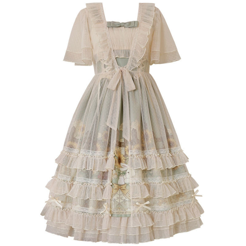 #MoteruStyle! Vintage Victorian Sunflowers Kawaii JSK Retro CLA Cover up Suspender Skirt Coat Harujuku Gothic Lolita Bunny Camisole Dress Two-piece Set - 画像 (2)