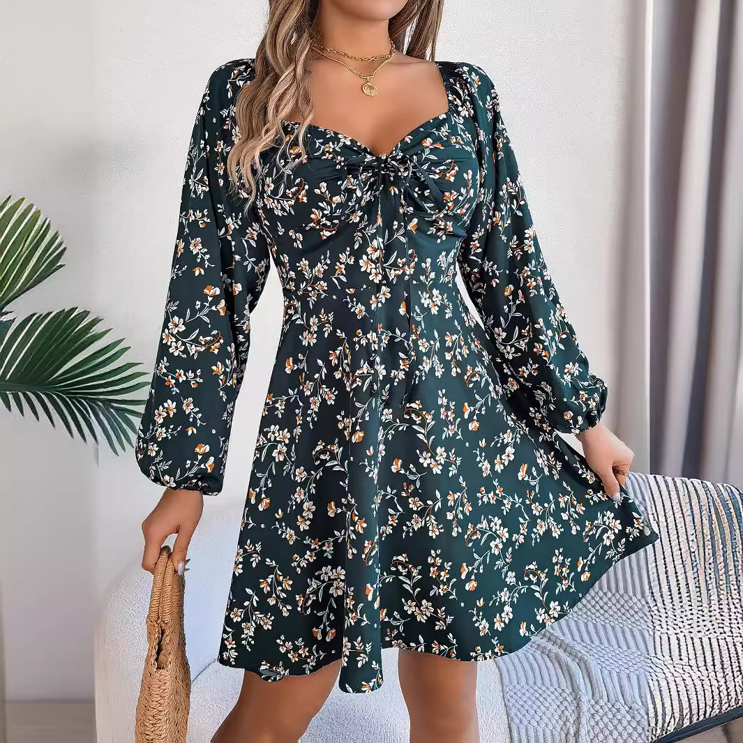 #MoteruStyle! Fashion Floral Print Lantern Sleeve Dress Casual Sexy Tie Square Neck Long Sleeve A-Line Dress Women's Clothing - 画像 (6)