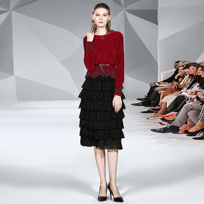 #MoteruStyle! Round neck long sleeve plush top blouse skirt suit two piece set Bright Silk High Waist Mesh Cake Skirt Mid-Length Pleated Skirt A- Line Skirt Slimming Versatile - 画像 (3)