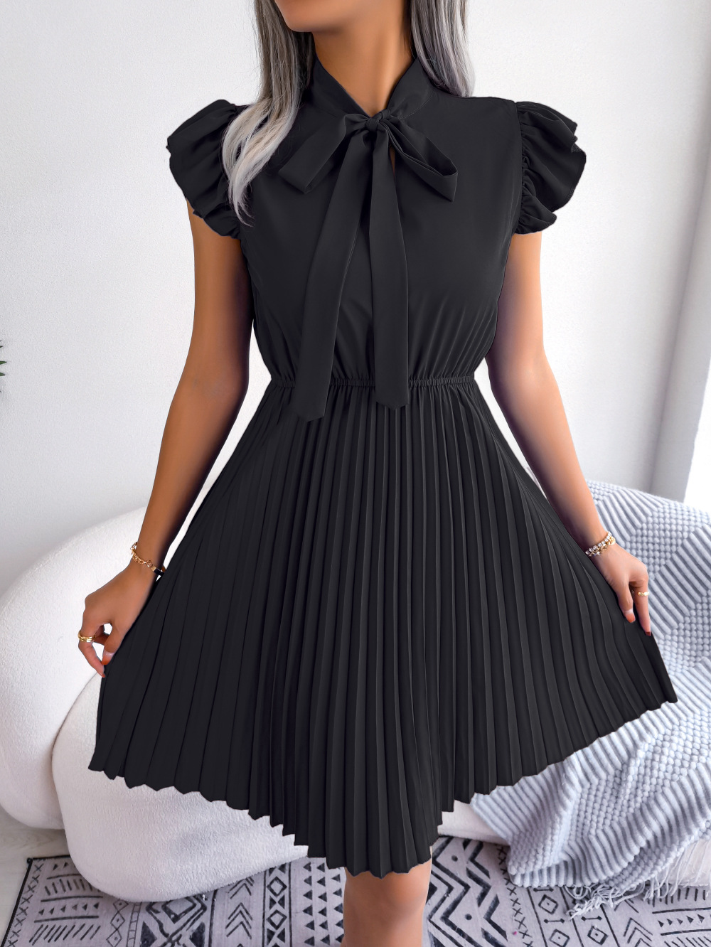 #MoteruStyle! Lady Temperament Lace-up Waist-controlled Large Hem Pleated Skirt High Waist Collared Dress Short Ruffle Sleeve Cocktail Solid Bow Tie Dress, Elegant Ruffle Trim - 画像 (3)
