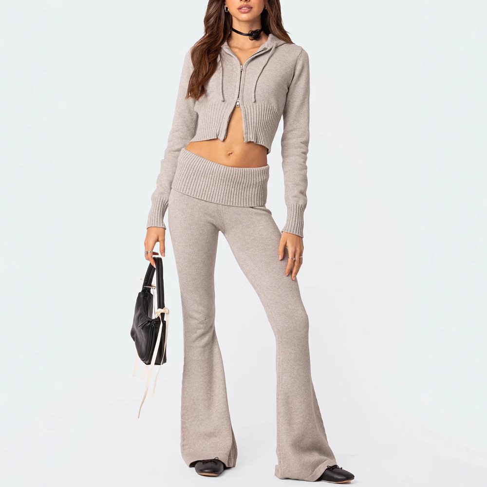 #MoteruStyle! Fashion Knitted Hooded Suit Long Sleeve Zipper Cropped Top And Slim Flared Pants Trousers Solid Outfits Women's Clothing - 画像 (4)