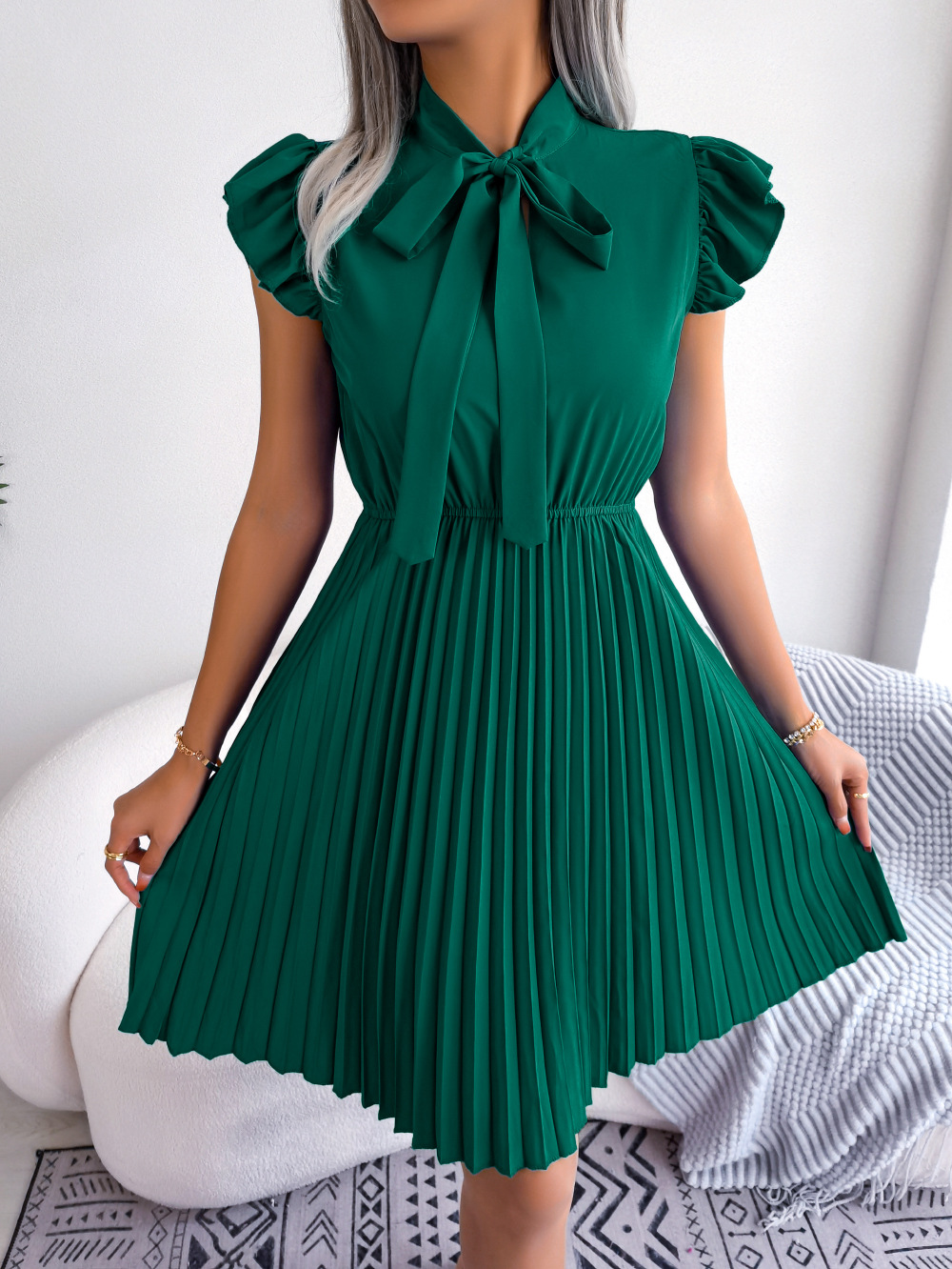 #MoteruStyle! Lady Temperament Lace-up Waist-controlled Large Hem Pleated Skirt High Waist Collared Dress Short Ruffle Sleeve Cocktail Solid Bow Tie Dress, Elegant Ruffle Trim - 画像 (7)