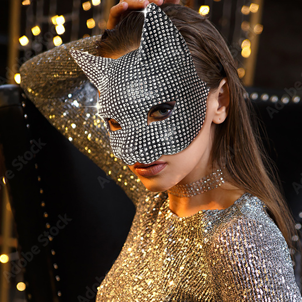 #MoteruStyle! Halloween Diamond Cat Mask Gloves Suit Diamond Sexy Cat Girl Dance Party Dress Up Props Masquerade Party