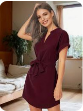 #MoteruStyle! V-neck Roll-Up Short Sleeve Tunic Dress With Belt Ribbon Solid Color Summer Fashion Bowknot Dresses For Women Clothing - 画像 (3)