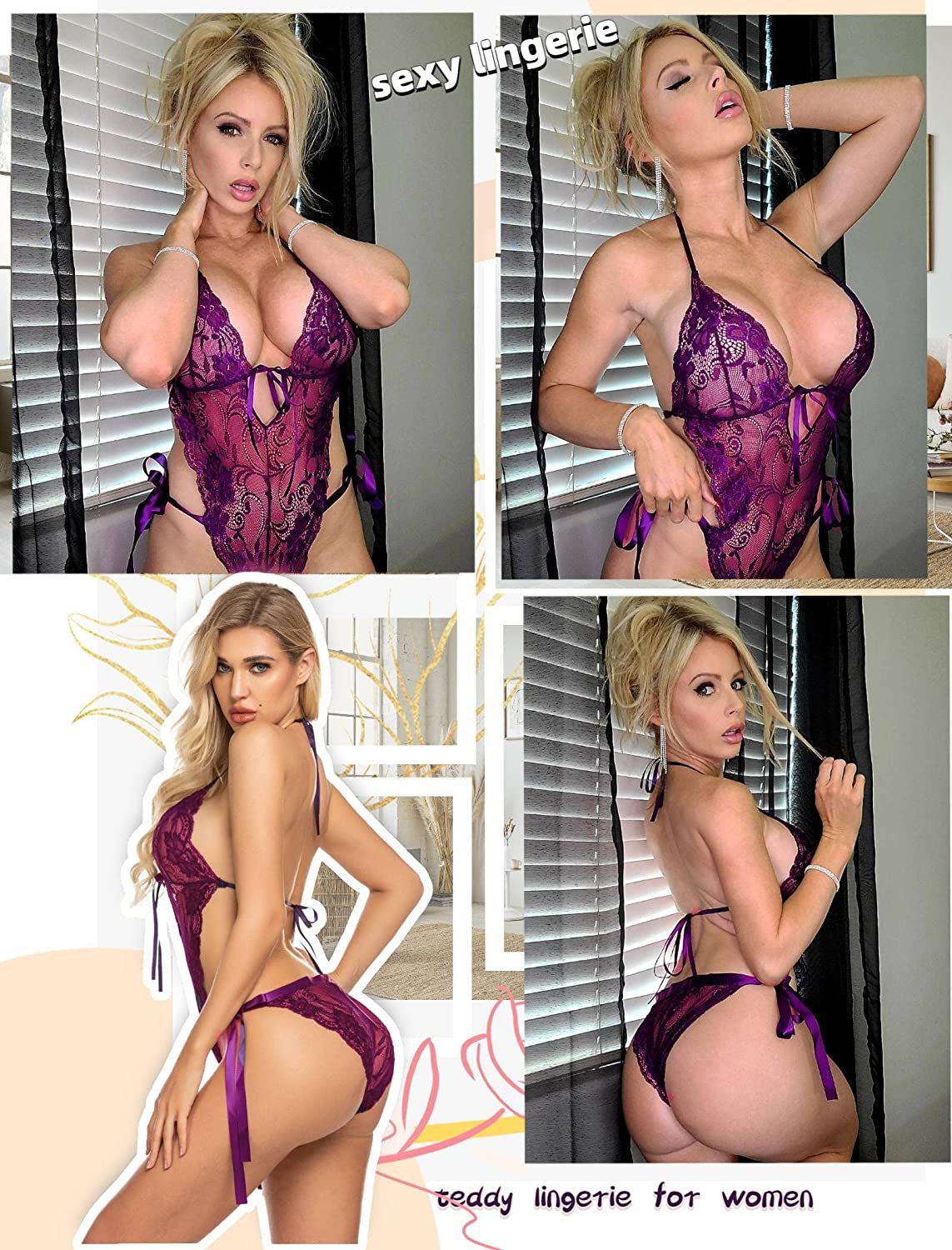 #MoteryStyle! Sexy Bodysuits Women Floral Lace Lingerie For Sexy Backless Solid Color One-Piece Bodysuit Strappy Halter Erotic Costume Teddies - 画像 (3)