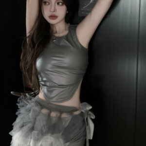 ★MoteruStyle ! Women's Fashion Velvet Edge Strappy Skirt High Waist Shorts Set, KOP Idol Dance Cloth, Cute and Sexy.