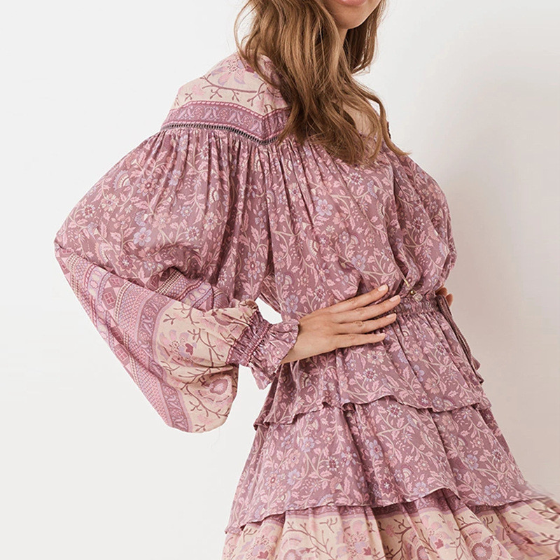 #MoteruStyle! Independent Station Retro Bohemian Print Tassel Lace-up Long Sleeve Top Dahlia in Mulberry Blouse cake skirt loose vintage style - 画像 (5)