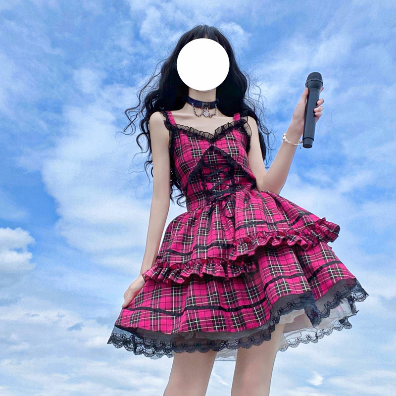 #MoteruStyle! Plaid Lolita Sweet Dark Rock Dress Cake Dress Gown Dress Checkered Lace Frills - 画像 (5)