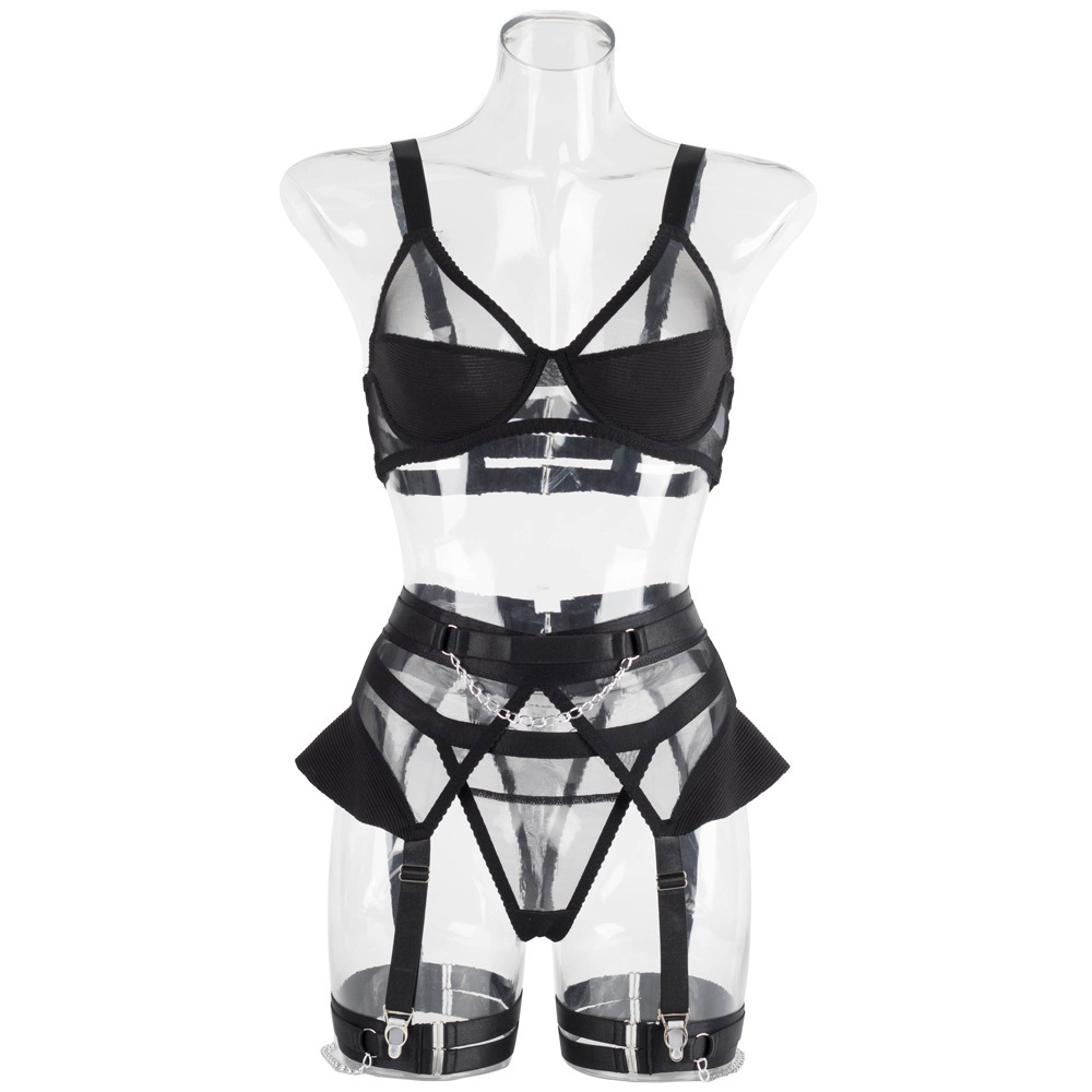 #MoteruStyle! Black Steel Ring Mesh See-through Chain Underwear 4 PCs Set - 画像 (4)