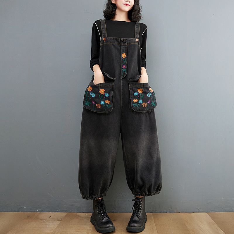 #MoteruStyle! Fat Sister Printed Jeans Knickerbockers Nine - Quarter Suspenders Jumpsuit Overalls One Piece Urban Leisure Style Big Pocket Denim Pants