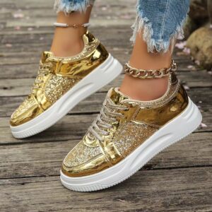 #MoteruStyle! Fashion Lace-up Flat Shoes With Sequin Design Casual Sports Thick Bottom Round Toe Shoes For Women Non-slip Walking Sneakers
