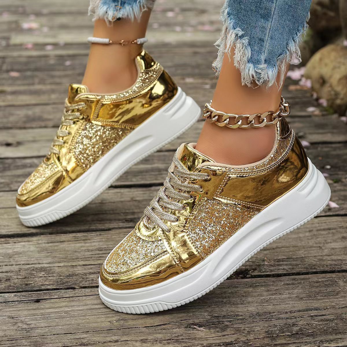 #MoteruStyle! Fashion Lace-up Flat Shoes With Sequin Design Casual Sports Thick Bottom Round Toe Shoes For Women Non-slip Walking Sneakers