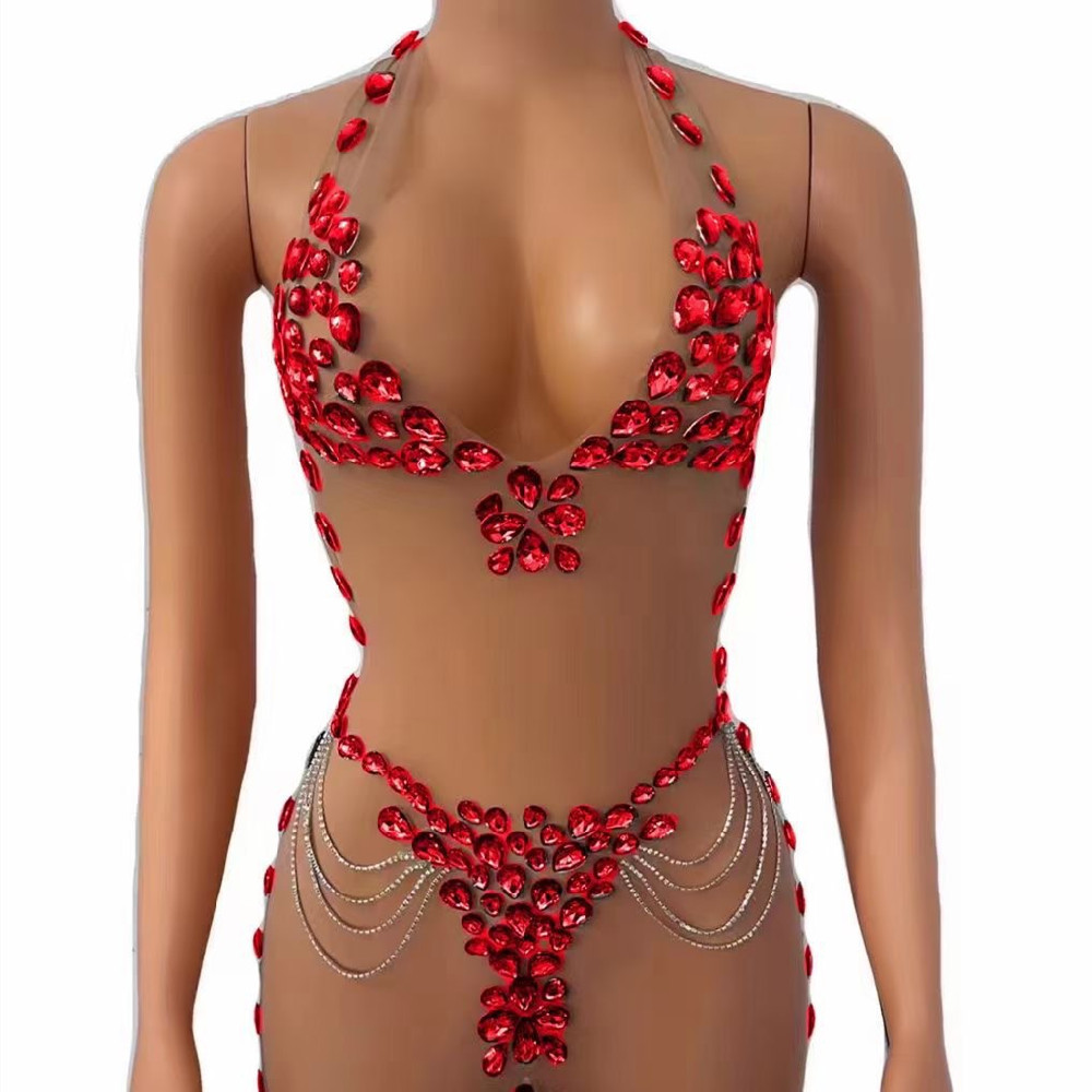 #MoteruStyle! Women's Fashionable See-through Rhinestone Dress Spandex Jumpsuit Sexy Evening Dress Cosplay party dress