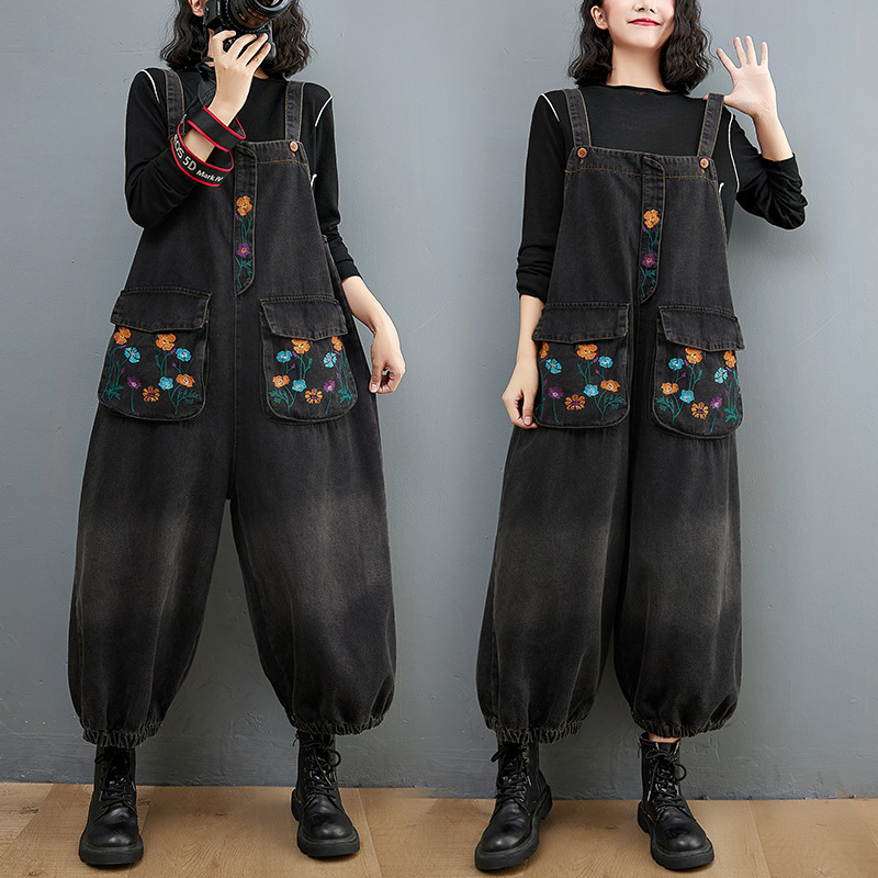 #MoteruStyle! Fat Sister Printed Jeans Knickerbockers Nine - Quarter Suspenders Jumpsuit Overalls One Piece Urban Leisure Style Big Pocket Denim Pants - 画像 (7)