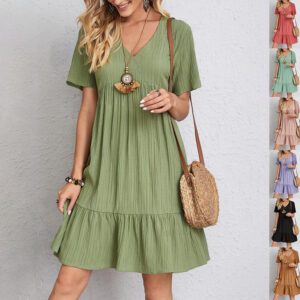 #MoteruStyle! V-neck Short Sleeve Dress Summer Fashion Casual Loose Ruffled Dresses Beach Clothing Women