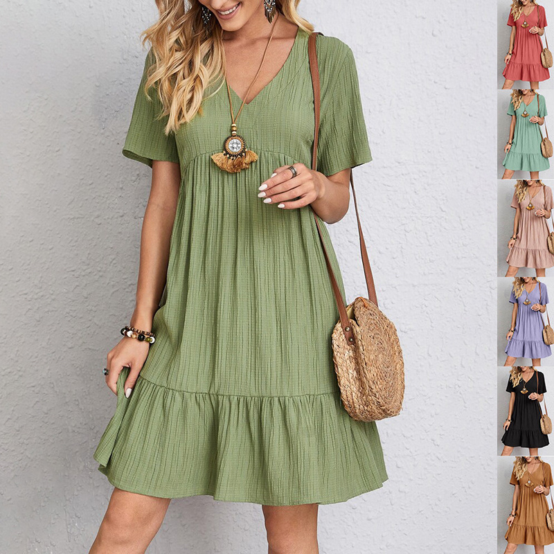 #MoteruStyle! V-neck Short Sleeve Dress Summer Fashion Casual Loose Ruffled Dresses Beach Clothing Women