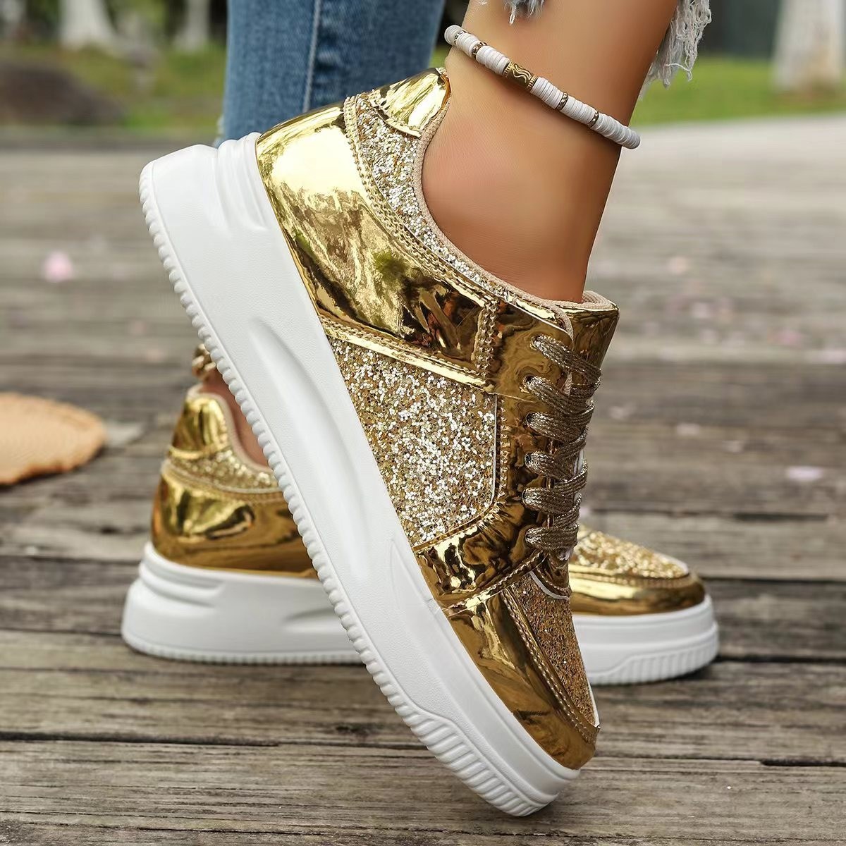 #MoteruStyle! Fashion Lace-up Flat Shoes With Sequin Design Casual Sports Thick Bottom Round Toe Shoes For Women Non-slip Walking Sneakers - 画像 (4)