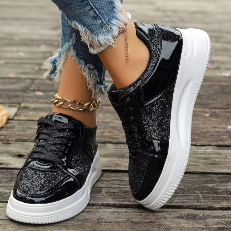 #MoteruStyle! Fashion Lace-up Flat Shoes With Sequin Design Casual Sports Thick Bottom Round Toe Shoes For Women Non-slip Walking Sneakers - 画像 (7)